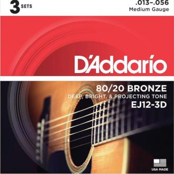 D'Addario EJ12 80/20 Bronze Acoustic Guitar Strings Set, Medium, 3-Pack