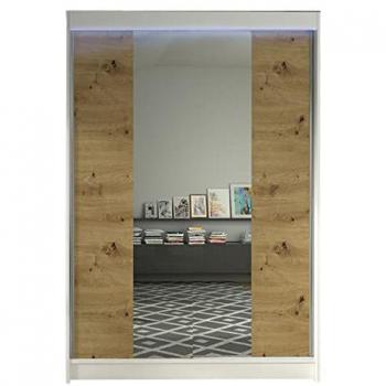 Armario Parys II con Espejo y Puertas Correderas, 2 Puertas, Estante Integrado, Diseño Moderno en Roble Artisan y Blanco, Dimensiones 200x120x58cm