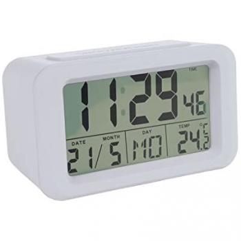 Reloj Despertador Digital Blanco LED con Indicador de Fecha y Temperatura, 2 Alarmas, Botón Snooze, Goma ABS
