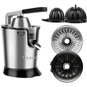 Taurus Easy Press 300 - Exprimidor eléctrico de palanca de 300 W, motor profesional, 2 conos para todos los cítricos, 650 ml, 2 filtros: de inox y plástico con regulador de pulpa, inox, Gris, Negro