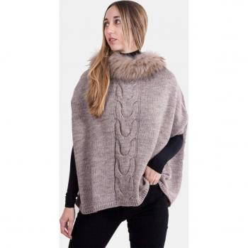 Poncho de Mujer de Punto y Pelo en Gris con Detalle de Trenza de Zorro - MR Complements