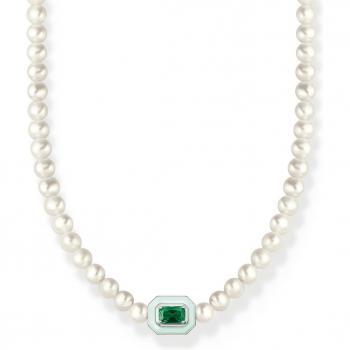 Thomas Sabo Sterling Silver Choker Necklace with White Pearls and Green Stone