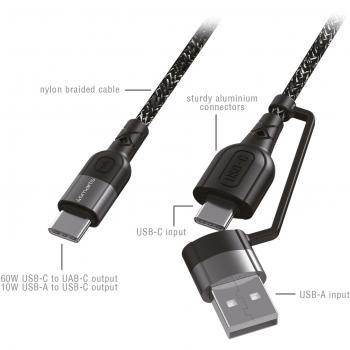 Cable ComboCord 2 en 1 USB-C y USB-A, carga rápida 60W, longitud 1.5m, textil negro