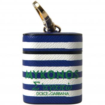 Dolce & Gabbana Blue Stripe Dauphine Leather Logo Print Strap Airpod Case