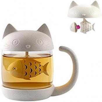 Linda taza de té de cristal de gato, Taza De Agua Bottle con infusor de té en forma de pez, Colador Filtrar Taza de café 250ML
