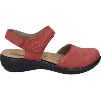 Cómoda Sandalia mujer Westland by Josef Seibel Ibiza-116 en nubuck rojo, nuevo concepto con puntera cerrada, tira tobillera ajustable con velcro, plantilla extraíble, altura tacón bajo (1-3