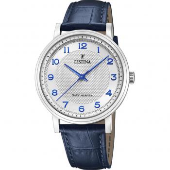Festina F20660/1 Energy Solar Reloj para Hombre de Acero Inoxidable Plateado con Correa de Cuero Azul