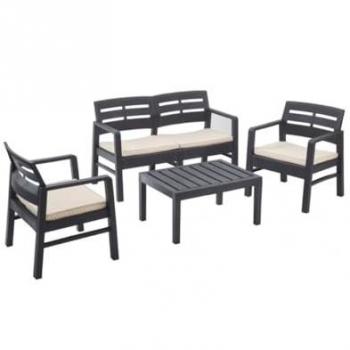 Juego de Jardín 4 Piezas Antracita: Sofá 2 Plazas + 2 Sillones + Mesa de Centro + 3 Cojines Crudos KZ Garden