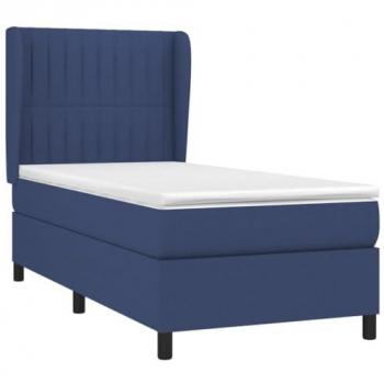 Cama box spring con colchón viscoelástico de espuma, protector, muelles ensacados, adaptable, acolchado reversible, tela azul 90x190 cm