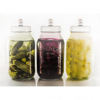 Kilner - Set de 3 tarros de 1 litro con tapas metálicas de 2 partes, incluye 3 tapas SteriLID de plástico y 3 tapones de fermentación SteriLock Airlocks