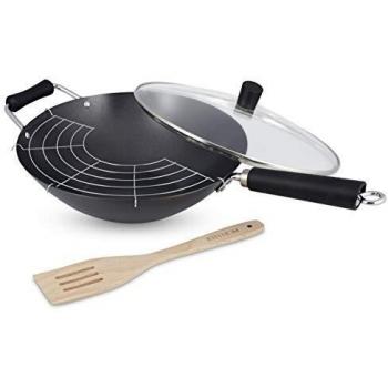 Wok de Acero Set Regalo 31 cm + Espátula + Tapa de Vidrio + Rejilla