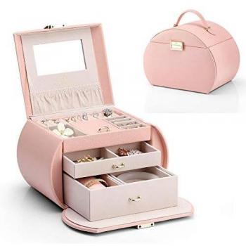 Caja de Joyas Vlando para Niñas, 3 Capas de Almacenamiento en Cuero con Espejo y Almohadilla Removible para Anillos, Pulseras, Pendientes y Collares - Regalo Ideal Rosa