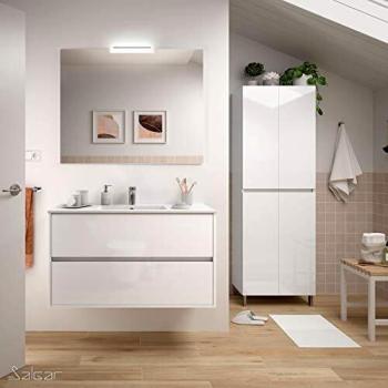 Conjunto Mueble baño 90 cm 100% montado de fábrica con Lavabo, Espejo y Aplique | Modelo Noja color Blanco Lacado Brillo suspendido 2 cajones con Lavabo Porcelana blanca y aplique de luz Led