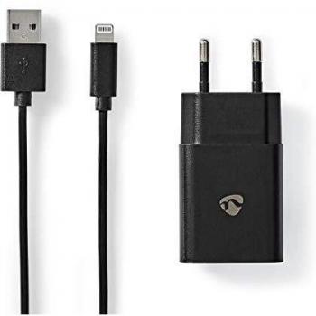 Cargador de Pared Nedis 5V 2.4A USB-A Carga Rápida Negro con Cable Lightning de 1m