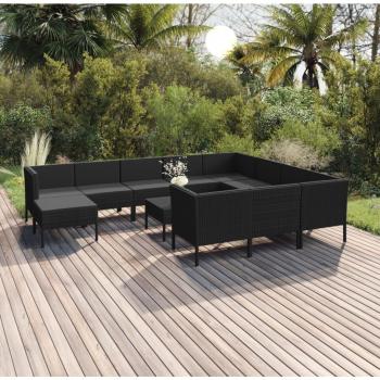 12-Piece Black Poly Rattan Garden Lounge Set with Cushions