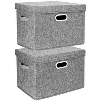 TYEERS 2 Paquetes Caja de Almacenamiento con Tapa y Asa, Cestas de Almacenaje Plegables de Ropa de Algodón Lino, Organizadores de Almacenamiento de Juguetes, Estantes, Ropa y Libros, etc. - Gris