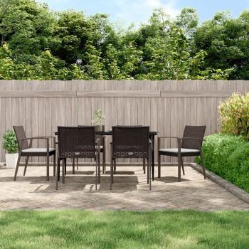 7-Piece Outdoor Dining Set with Cushions in Poly Rattan and Steel