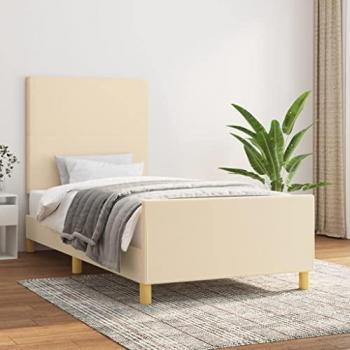 Estructura de cama con cabecero acolchado tapizado en tela color crema 90x190 cm