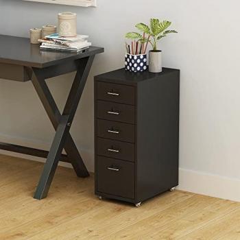 Archivador Móvil Kökar con 5 Cajones y Ruedas, 69x28x41 cm, Acero Negro Mate