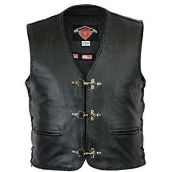 Texpeed Chaleco de cuero para moteros con hebilla - Cuero de motocicleta para hombre Negro - M