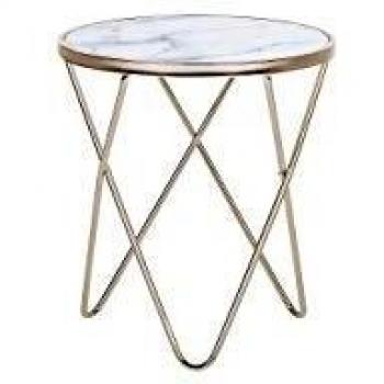 Mesa Auxiliar Redonda Efecto Mármol Blanco con Tablero de Cristal Templado y Patas Doradas Meridian II
