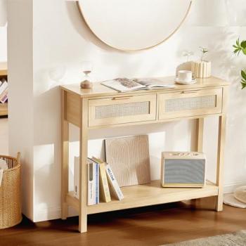 VEVOR Natural Rattan Console Table with 2 Storage Drawers and Sliding Door for Entryway and Living Room