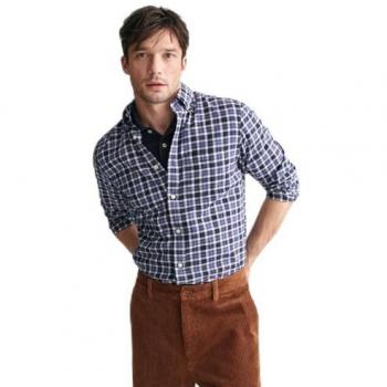 Camisa de Hombre Gant Regular Fit de Sarga Ligera a Cuadros Marino Manga Larga Talla L