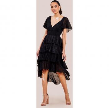 Goddiva Crinkle Lurex High Low Layered Midi Dress - Black