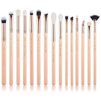 Jessup T447 - Juego de 15 brochas de maquillaje para sombra de ojos, delineador de cejas, sombra de ojos, maquillaje, cosméticos, herramientas, delineador de ojos, color rosa y oro rosa