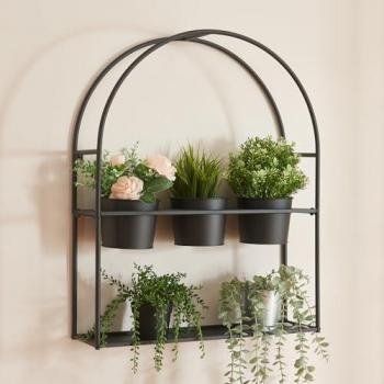 Soporte para Plantas Merikarvia con 3 Macetas y Estante de Metal 65x52x15 cm - Negro