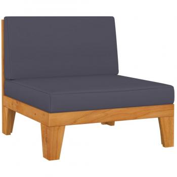 Sofá seccional central modular con almohadas de color gris oscuro y estructura de madera de acacia
