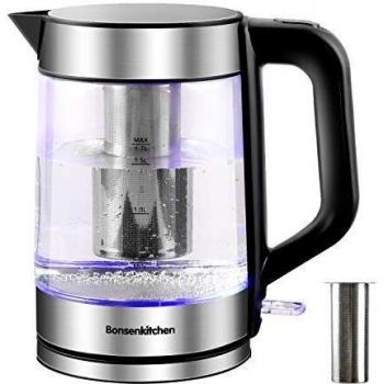 Hervidor de Agua de 1.7 L, Tetera de Cristal Eléctrico con Filtro de Acero Inoxidable e Iluminación LED, 2200 W, Apagado Automático y Sistema de Protección Contra la Ebullición en Seco, sin BPA