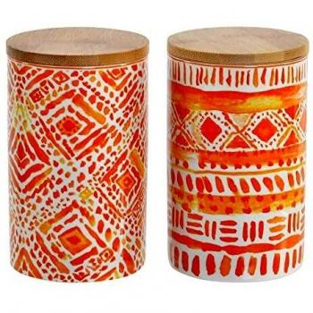 Bote de Porcelana Naranja con Diseño de Bambú (2 Pcs) - DKD Home Decor (9.8 x 9.8 x 15.5 cm)