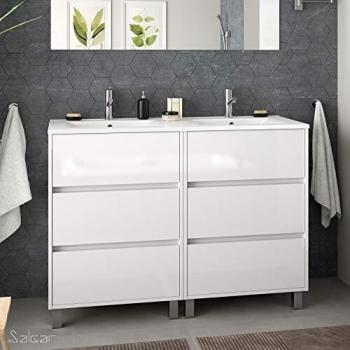 Conjunto Mueble baño 120 cm con Lavabo 100% montado de fábrica | Modelo Arenys color Blanco lacado Brillo a suelo 6 cajones cierre amortiguado con Lavabo porcelana blanca | Tiradores tipo uñero