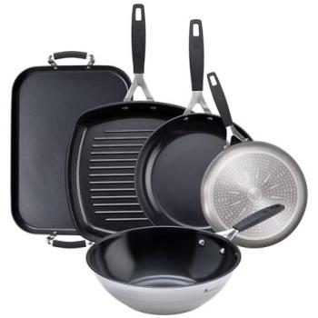 Set de Cocina 8 Piezas Aluminio Forjado Inducción: Sartenes Ø16Ø24, Wok Ø28cm, Sartén Grill 28x28cm, Plancha Asador 32x23cm +