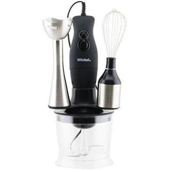 WINKEL BX6 Batidora de Mano con Accesorios, Potencia 200 W, 2 velocidades, Campana y Cuchillas de Acero Inoxidable, Mango Silicona, Negro