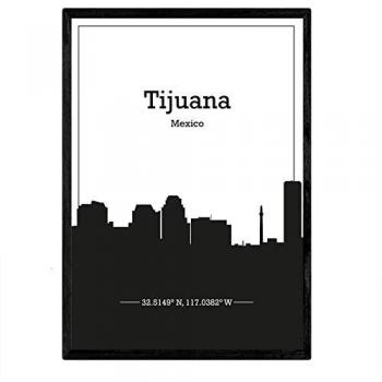 Póster A3 de Mapa de Tijuana, México con Skyline de Ciudades de EE. UU., Canadá y México en Sombra Negra - Sin Marco