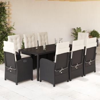 9-Piece Black Poly Rattan Garden Dining Set with Cushions