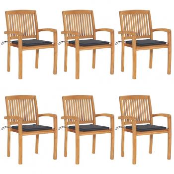 Stackable Garden Chairs with Cushions - Set of 6 Solid Teak Wood