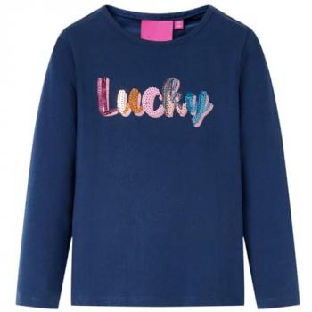 Camiseta Infantil Manga Larga Azul Marino Diseño Texto con Lentejuelas Jersey 140