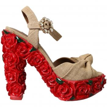 Dolce & Gabbana Red Roses Crystal Platform Sandals - EU39/US8.5, High Heel Sandals, Female, Beige, Size: 9 US