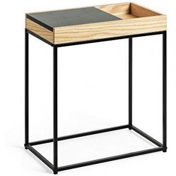 Kave Home - Mesa Auxiliar Detail Rectangular 50 x 30 cm con sobre Deslizante Chapado en Roble y Estructura de Acero en Negro