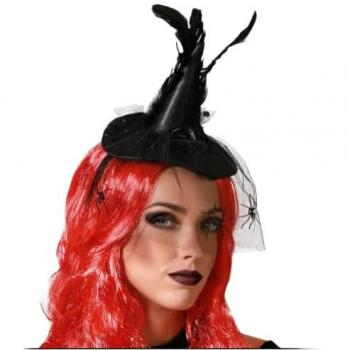 Diadema Mini Sombrero de Bruja con Plumas Negro