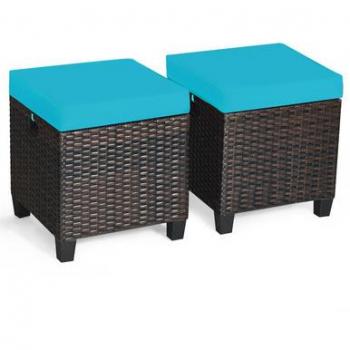 Turquoise Cushioned Rattan Patio Ottoman Set (2-Pack)