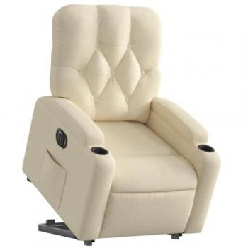 Sillón eléctrico reclinable elevable de tela color crema con respaldo, reposabrazos, asiento ajustable y diseño de relax