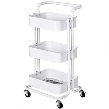 HOMCOM Carrito Auxiliar de 3 Niveles con Ruedas y 3 Baldas Malla Metálica para Cocina Oficina Baño Carro Multiuso de Almacenamiento con Pasamanos Carga de 20kg Blanco 44x38x88cm