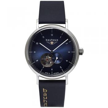 Bauhaus Men's Automatic Watch with Blue Dial and Leather Strap, Open Heart Edition
