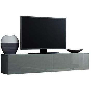 Mueble TV Charlotte A124, 140x30x40cm, Gris Brillante, 2 Puertas, Diseño Moderno sin Asas