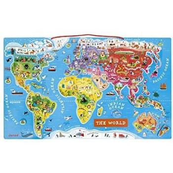 Janod - Puzzle magnético del Mundo de madera, Version en Inglés, 92 piezas