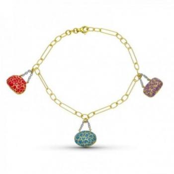 Pulsera Oro 18k Mujer Eslabones Detalles Bolsos Colgantes Esmaltados Rojo Azul Morado